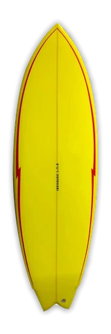 MAT Lionheart surfboard in yellow with red lightning bolts
